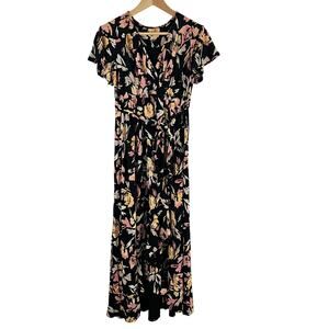 Isabel Maternity Black Floral Dress Long  Faux Wrap Size Small